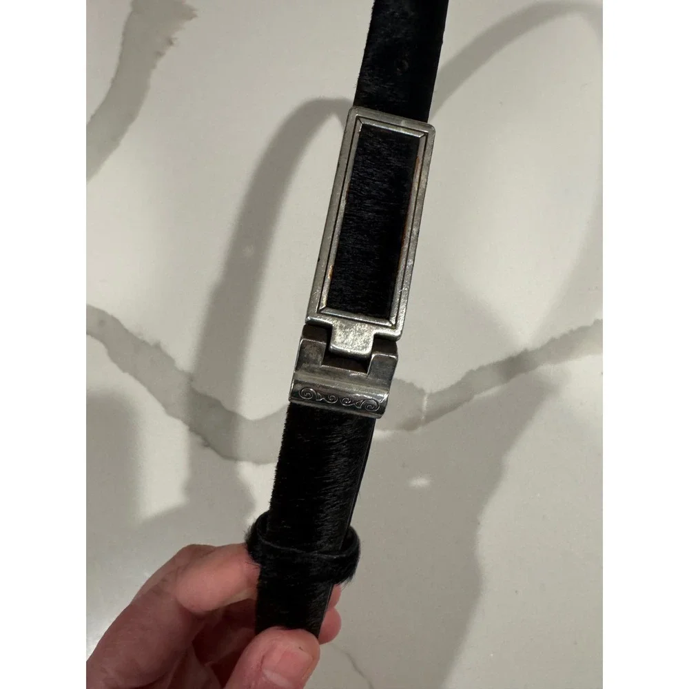 Brighton Womens Black Calf Hair Skinny Belt‎ Silver Scroll Buckle Size S 28